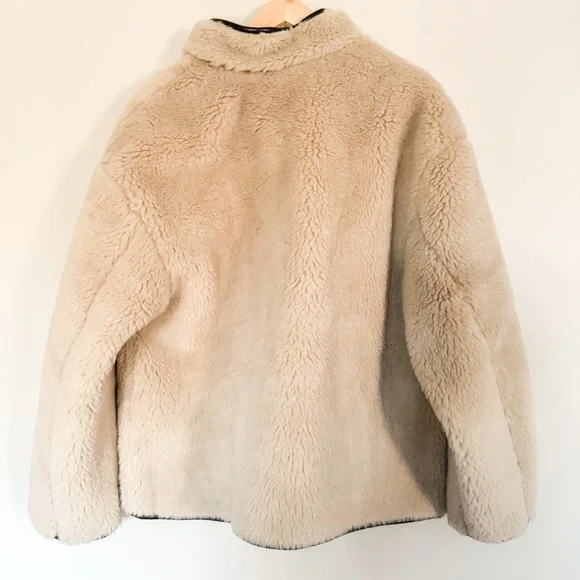 NWT Gap Cream Sherpa & Faux Brown Leather Oversized Jacket Coat Size L Vegan - Picture 9 of 16